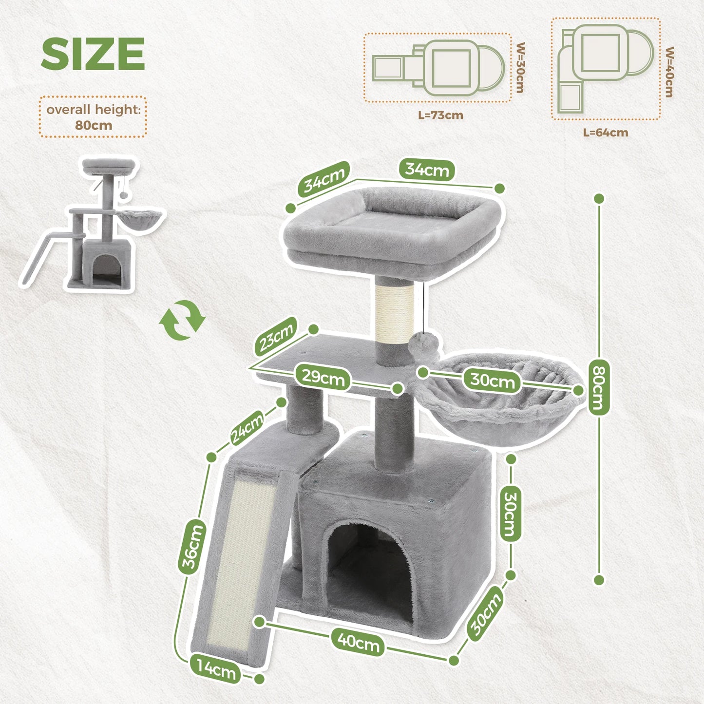 Árbol para Gatos de Interior – Rascador con Hamaca Grande, Poste Rascador y Plataforma Superior Extraíble (Gris, 2 Estilos)