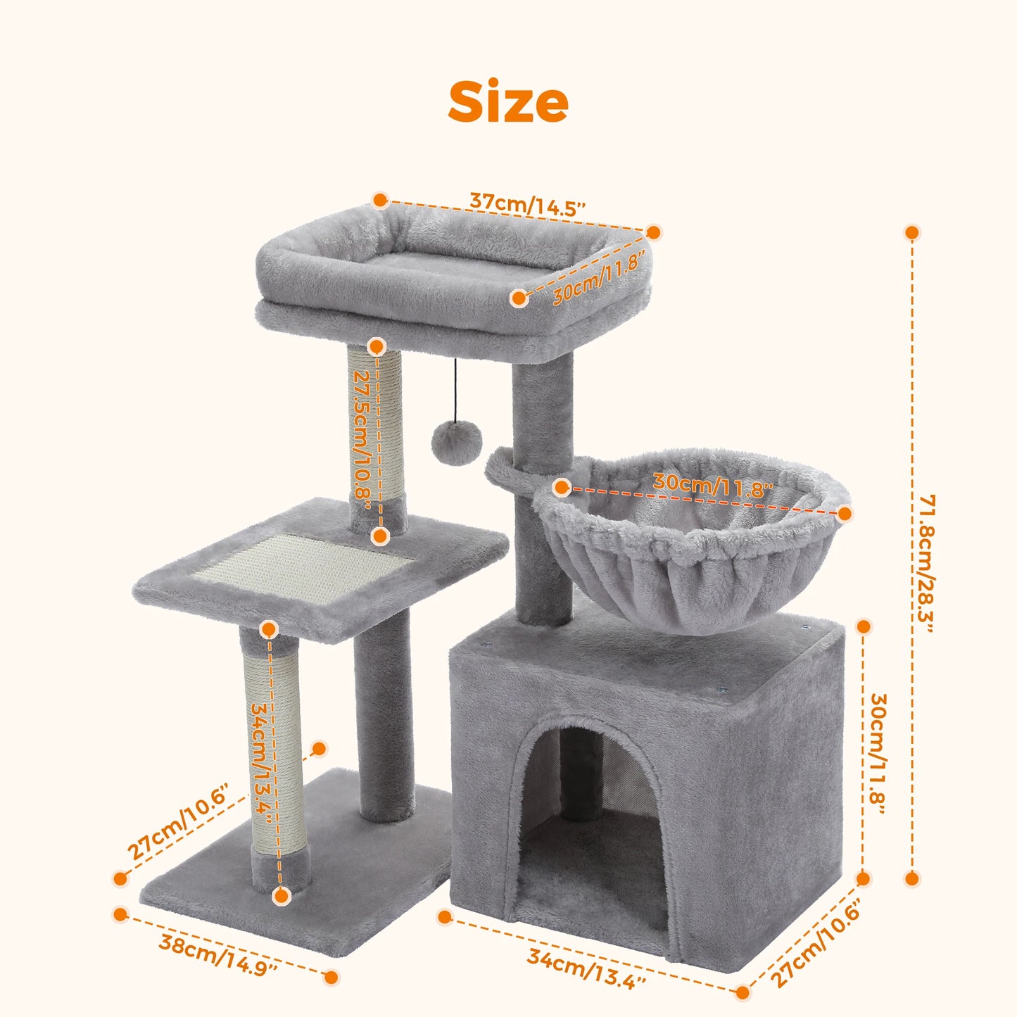 Árbol para Gatos de Interior – Rascador con Hamaca Grande, Poste Rascador y Plataforma Superior Extraíble (Gris, 2 Estilos)