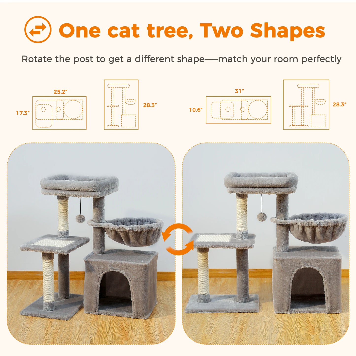 Árbol para Gatos de Interior – Rascador con Hamaca Grande, Poste Rascador y Plataforma Superior Extraíble (Gris, 2 Estilos)